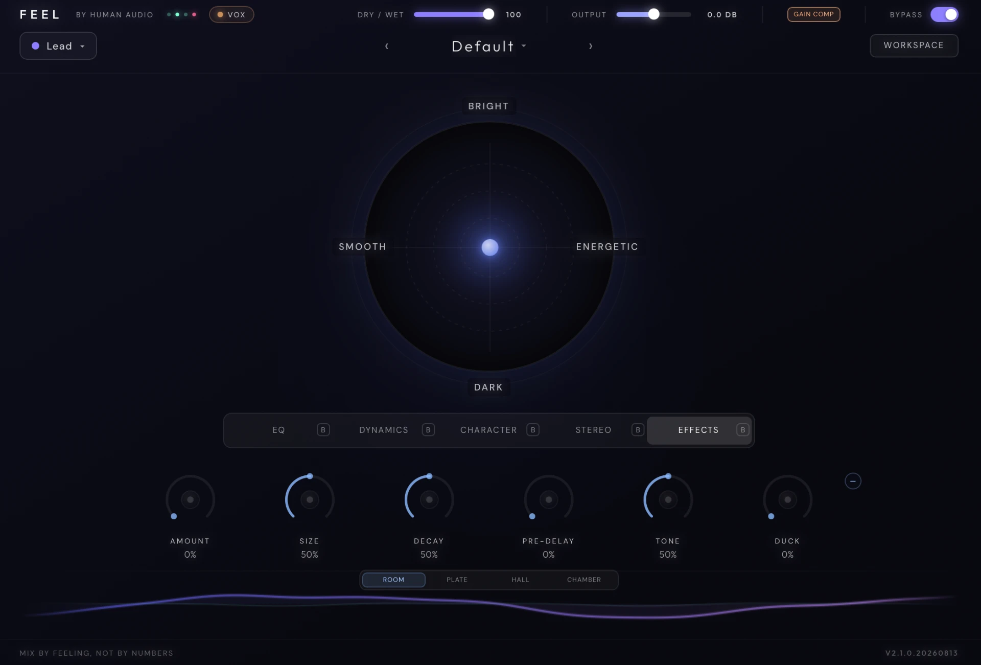 FEEL's Effects page with Amount, Size, Decay, Pre-Delay, Tone and Duck controls